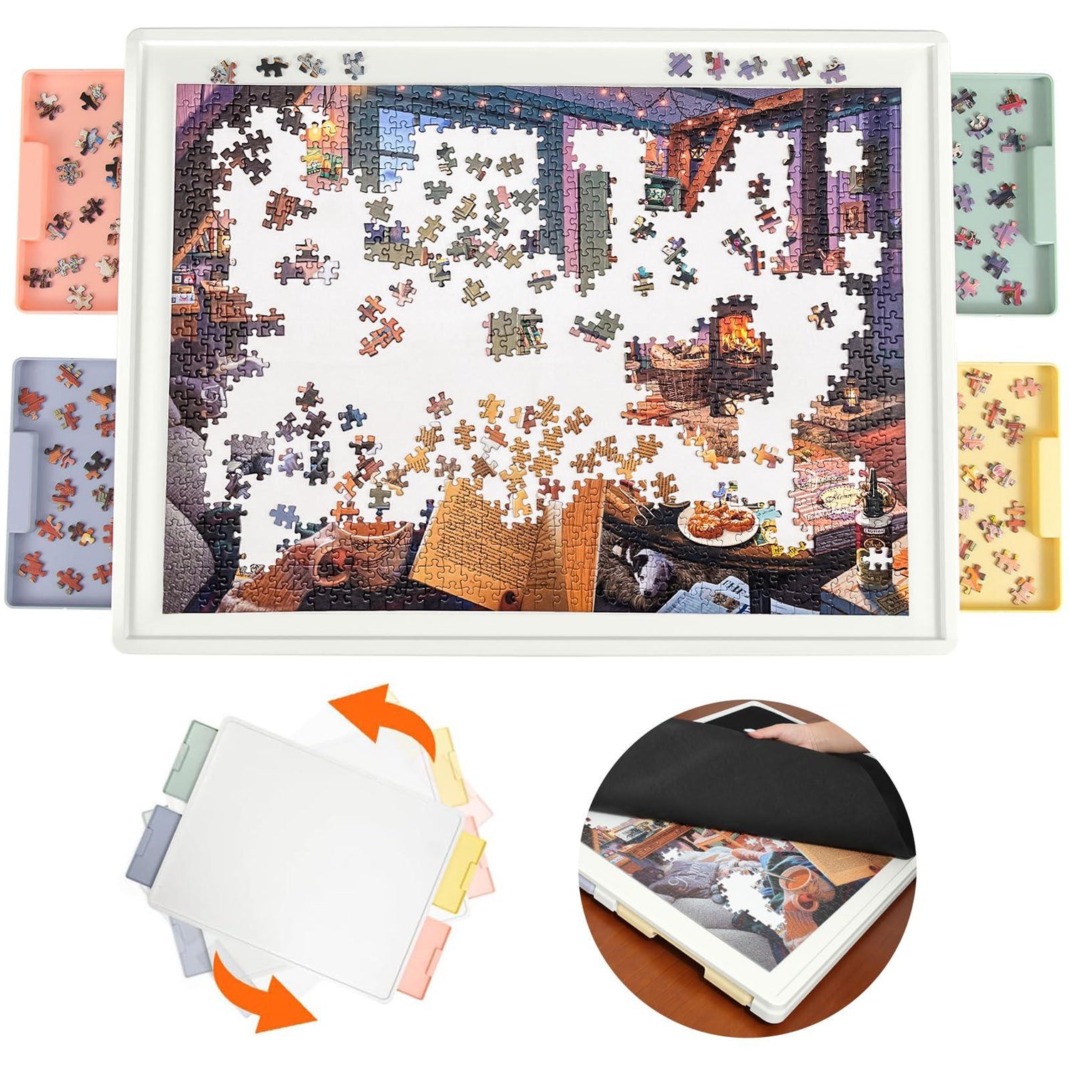 1000 piece plastic puzzle board with rotating tray and colorful drawers