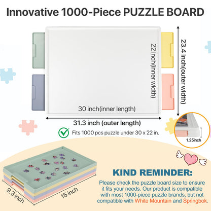 dimensions of 1000 piece jigsaw puzzle board with white top and drawer storage