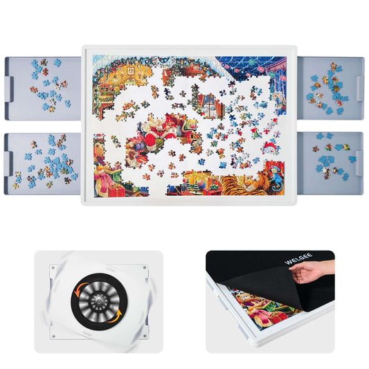Playboda 1000 piece puzzle board with white surface, gray drawers and rotating base for jigsaw puzzles