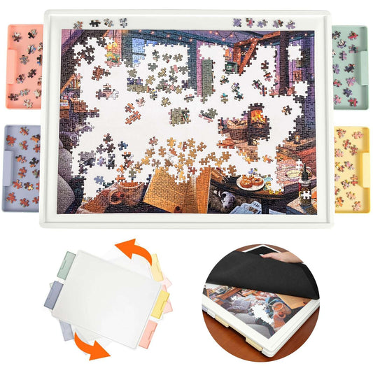 1000 piece puzzle board with white surface, colorful drawers and rotating tray