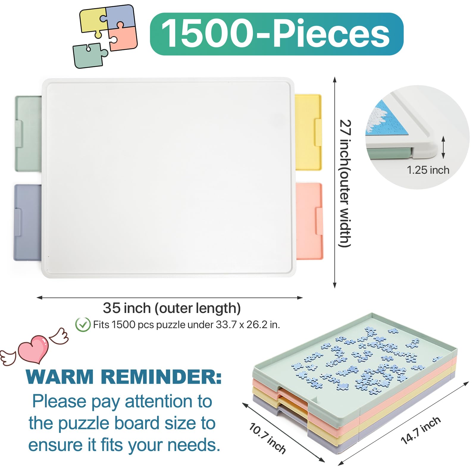 dimensions of 1500 piece jigsaw puzzle board with white top and ABS plastic body