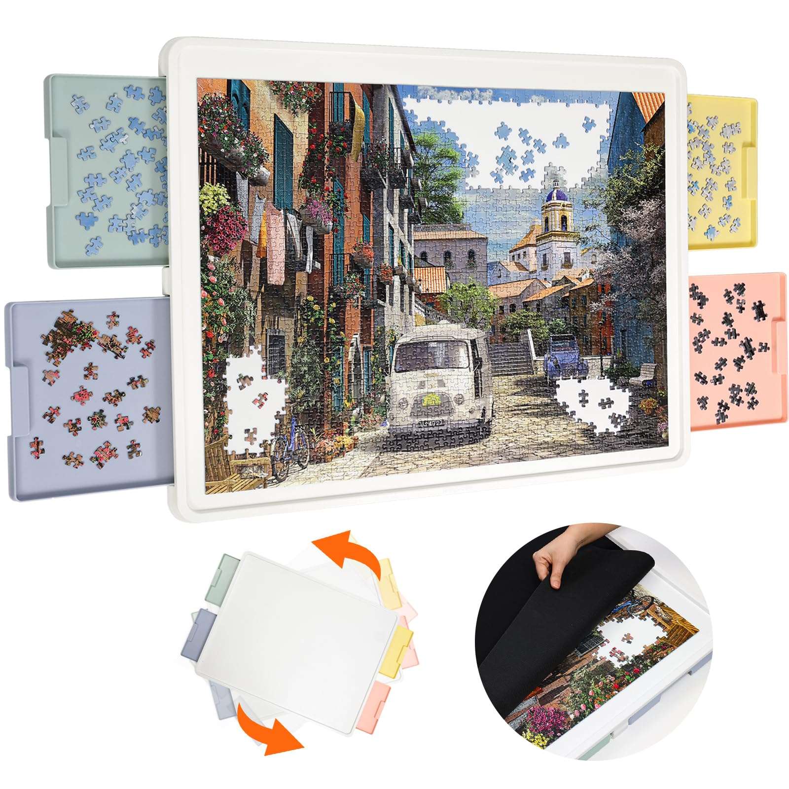 1500 piece puzzle board with white surface, rotating tray and colorful drawers for jigsaw puzzles