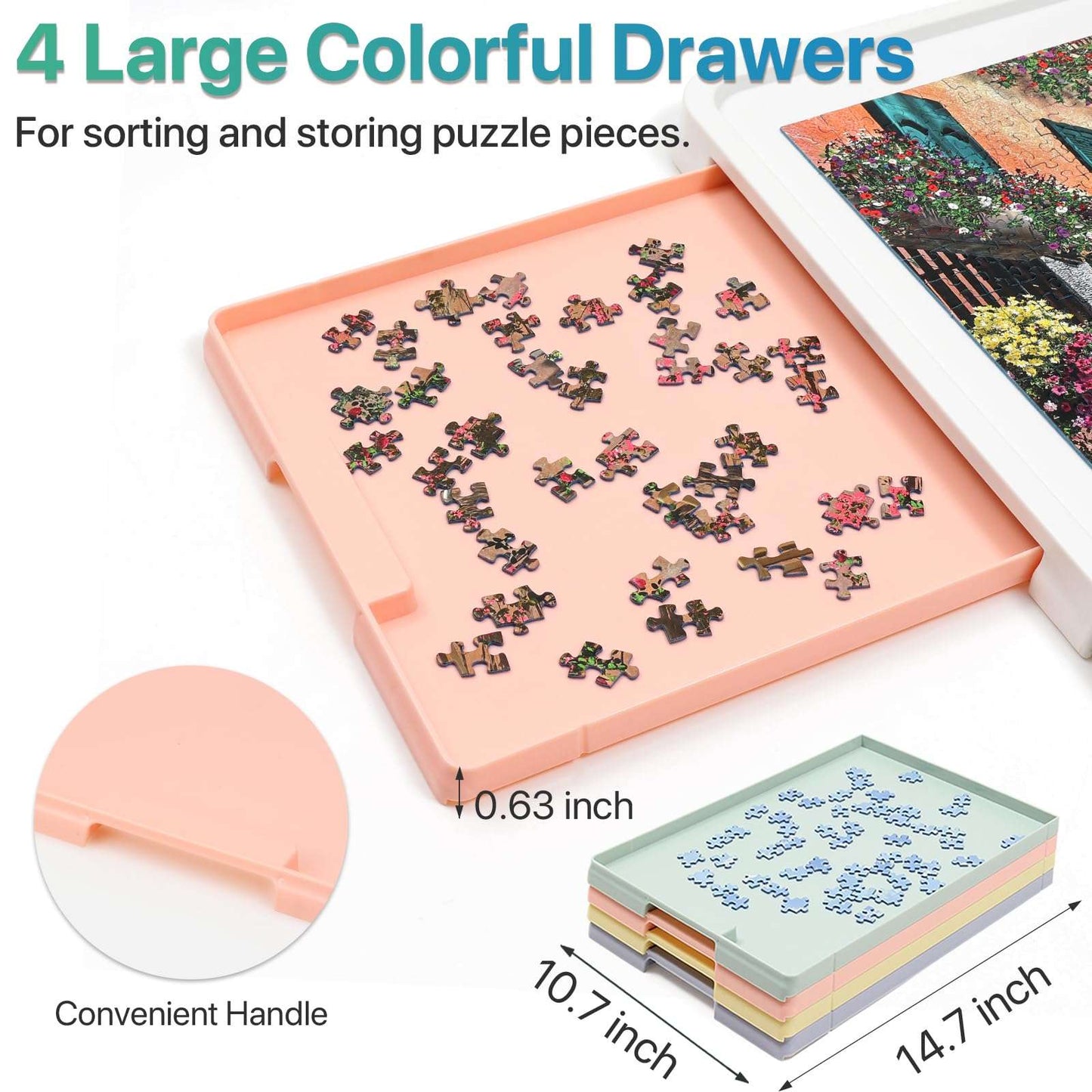 pink sorting drawer with jigsaw puzzle pieces, part of 4 colorful storage trays