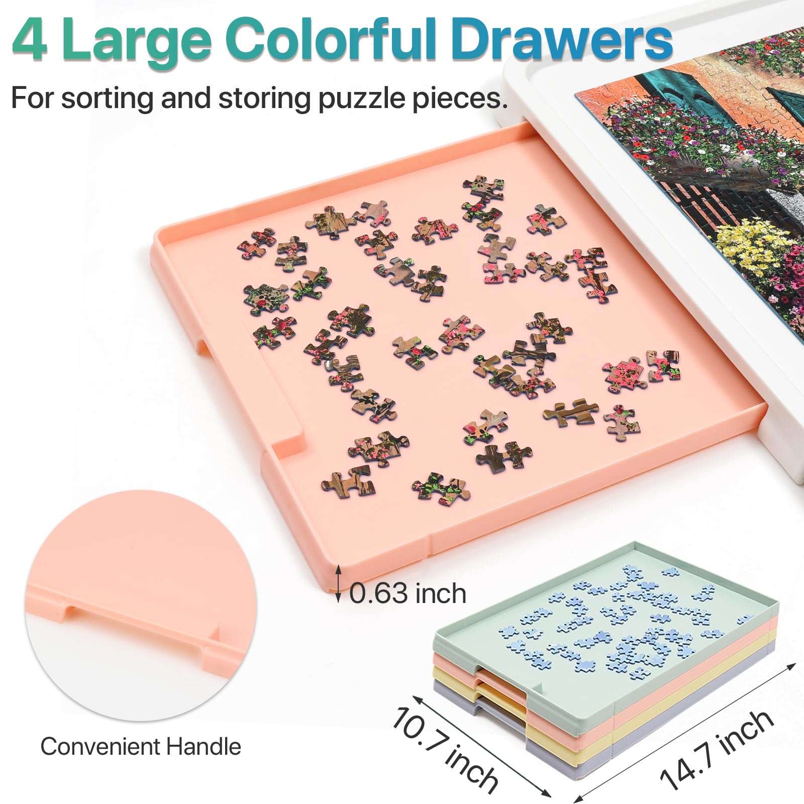 pink sorting drawer with jigsaw puzzle pieces, part of 4 colorful storage trays