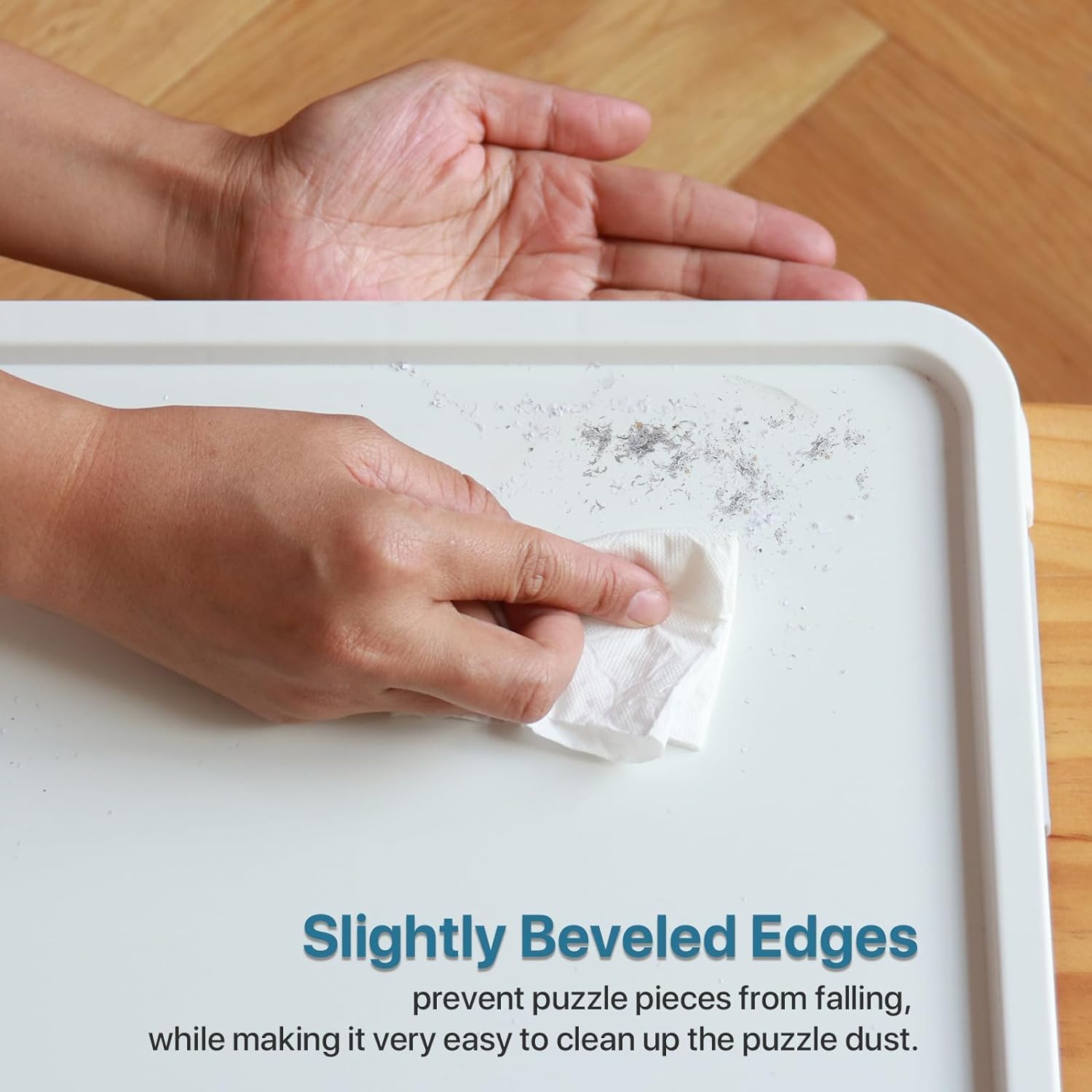 cleaning plastic puzzle board with slightly beveled anti-spill edges