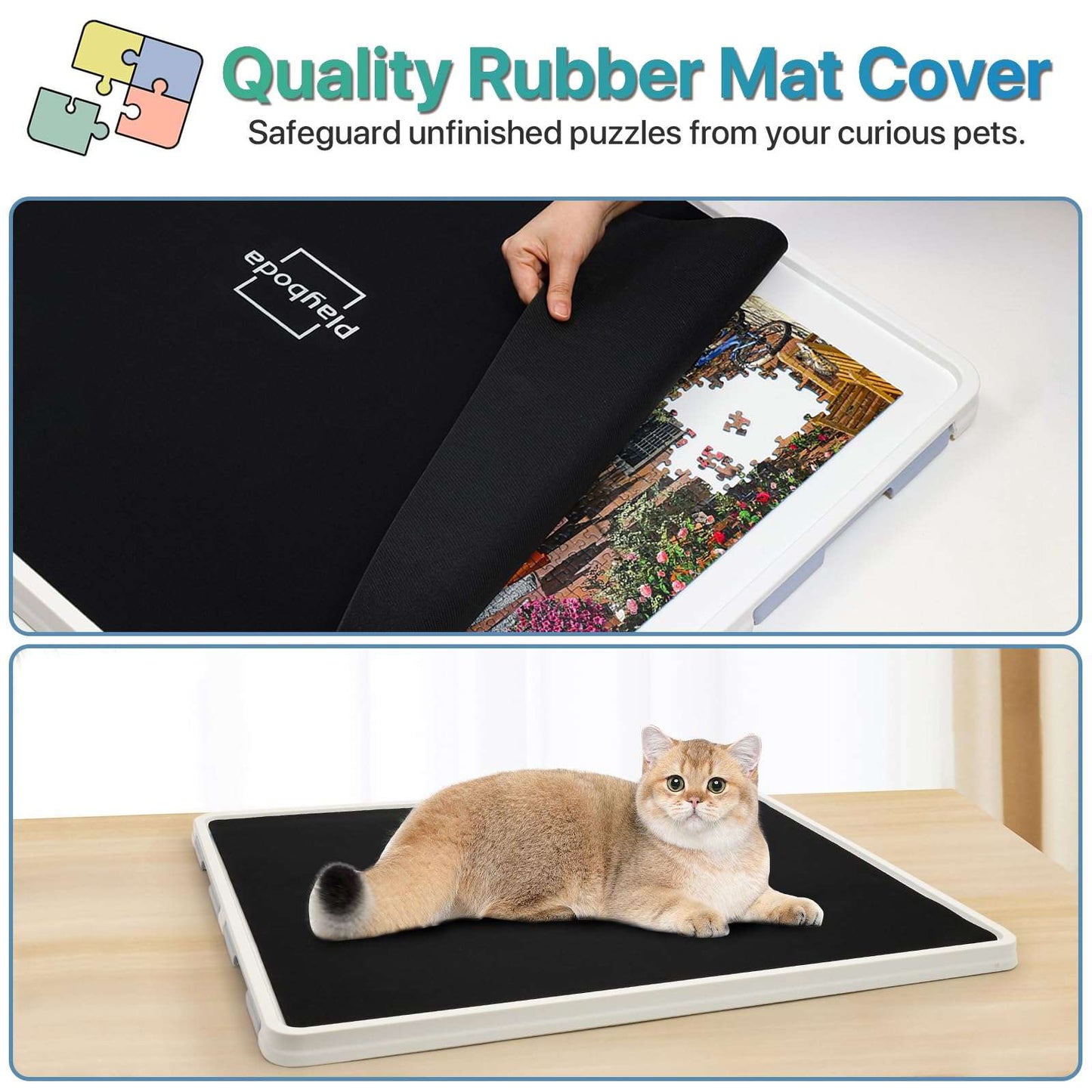 rubber mat cover for puzzle protection with cat sitting on Playboda puzzle board