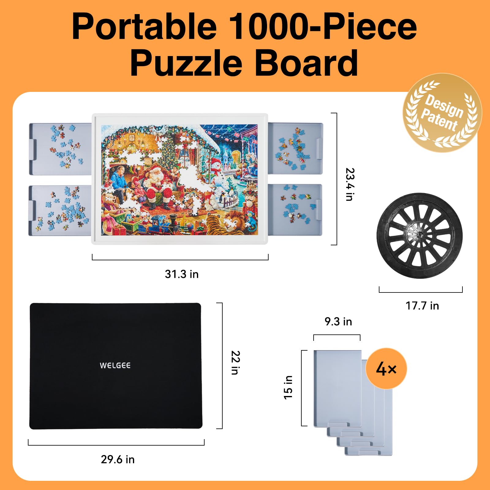 dimensions of Playboda puzzle board with black rubber mat, lazy susan and 4 gray sorting drawers
