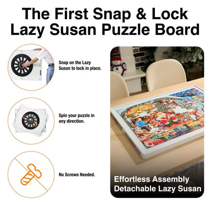 snap-and-lock rotating tray under Playboda puzzle board, enabling 360-degree rotation