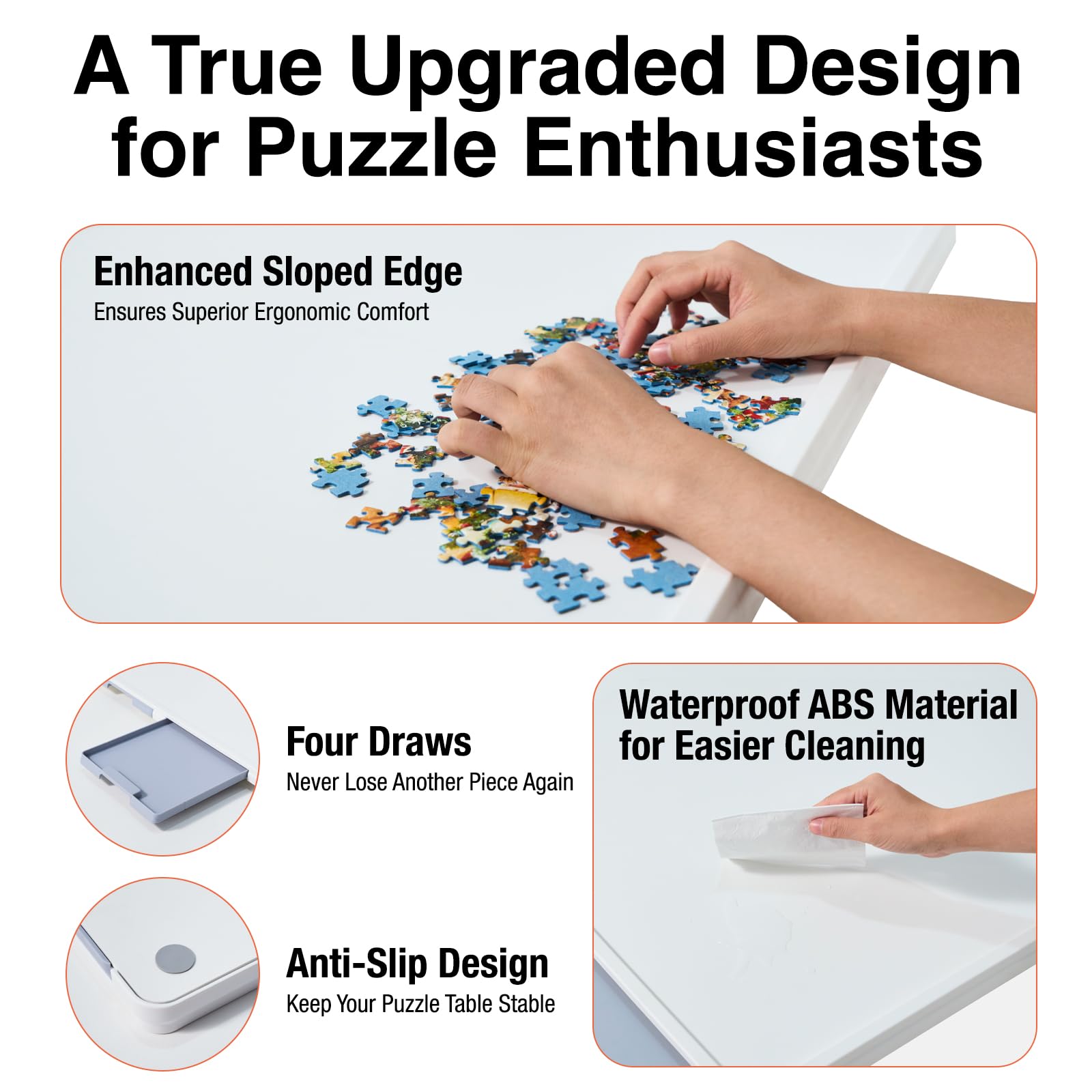 Playboda puzzle board with sloped ergonomic edge, anti-slip pads, and waterproof ABS surface