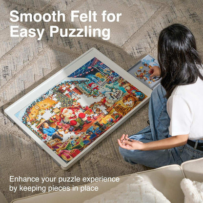 user assembling jigsaw puzzle on Playboda puzzle board with smooth felt surface and gray drawers