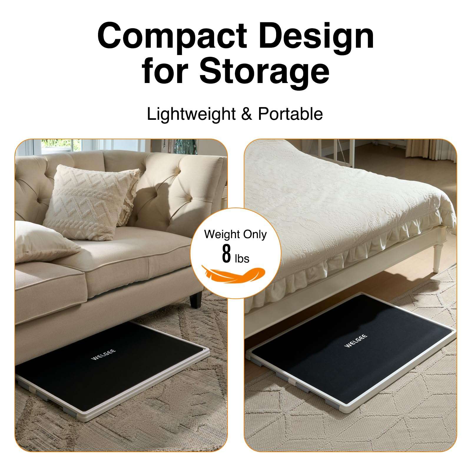 Playboda puzzle board with black cover mat stored under sofa or bed, showcasing compact design