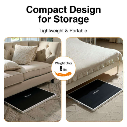 Playboda puzzle board with black cover mat stored under sofa or bed, showcasing compact design